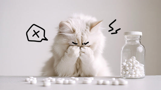 A frustrated cat refuses to take their capsules. By Greycoat Research.